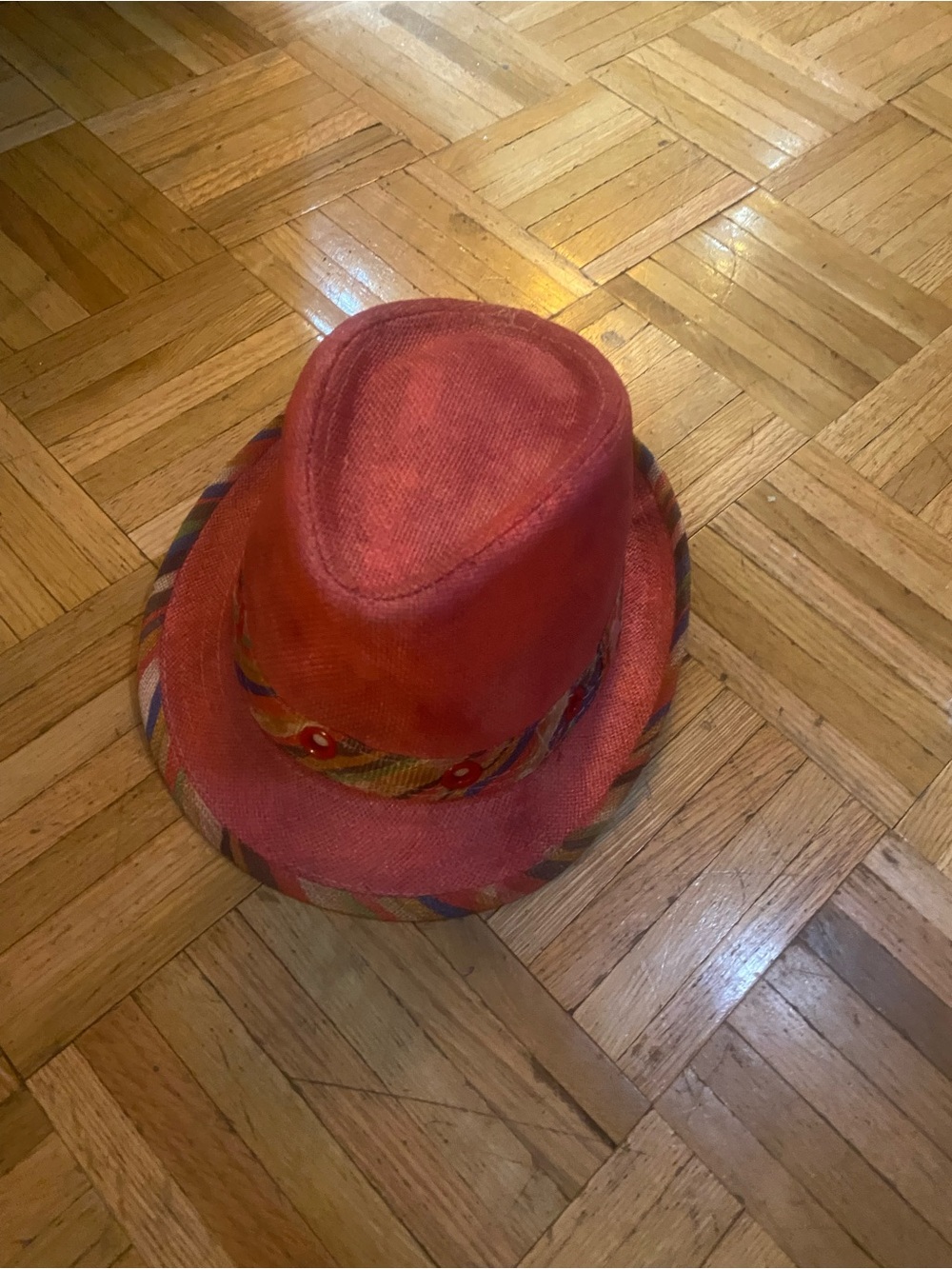 Stylish Red Fedora Hat with Multicolor Trim